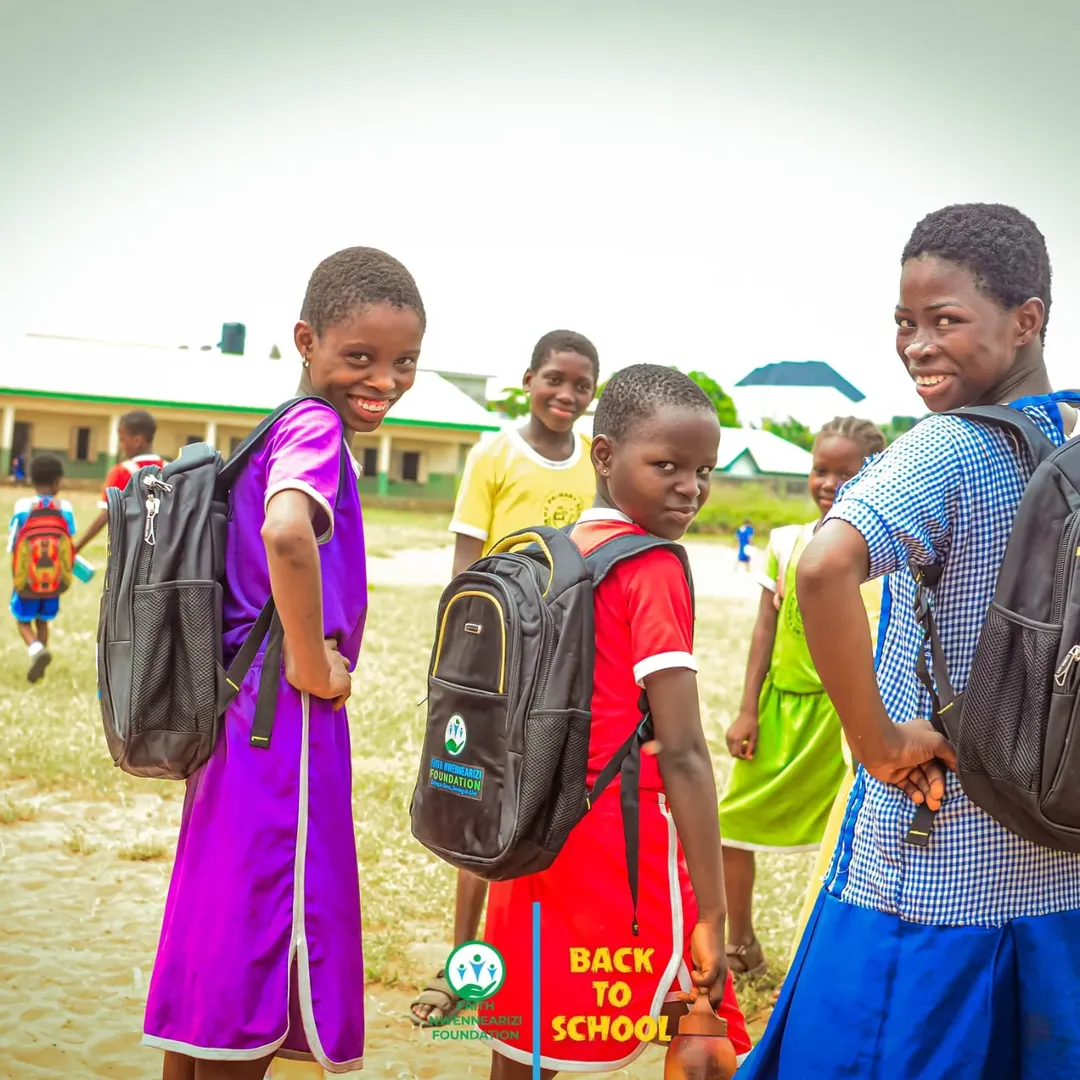 Pupils wearing Faith Nwennearizi Foundation branded school bags